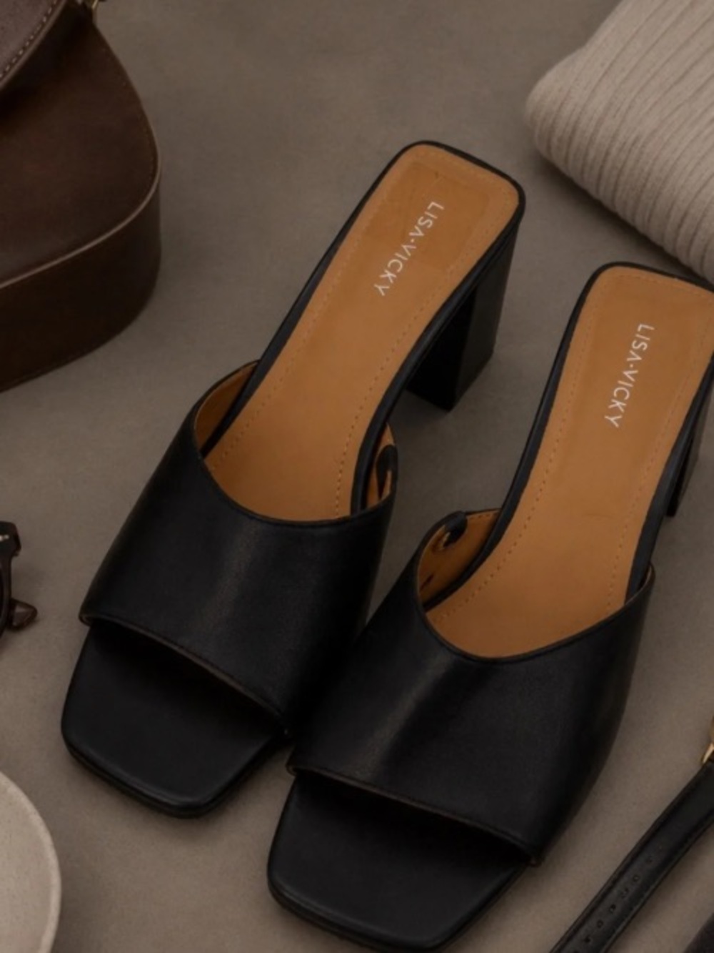 LISA VICKY Black Square-Toe Block Heel Mules